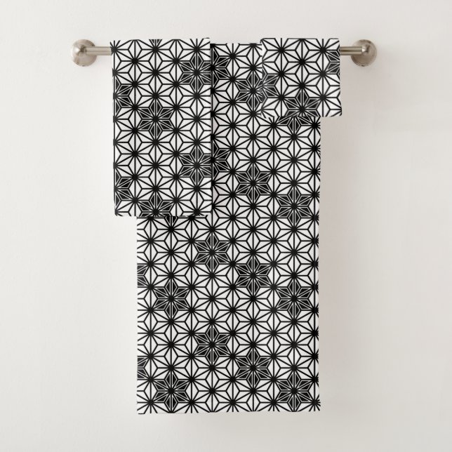 Japanese Asanoha or Star Pattern - white and black Bath Towel Set (Insitu)