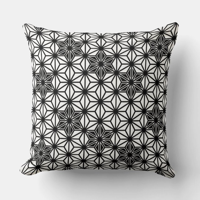 Japanese Asanoha or Star Pattern, white and black Throw Pillow (Front)