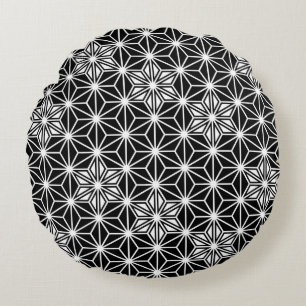 Japanese Asanoha pattern - black and white Round Pillow