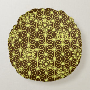 Japanese Asanoha pattern - brown and yellow Round Pillow