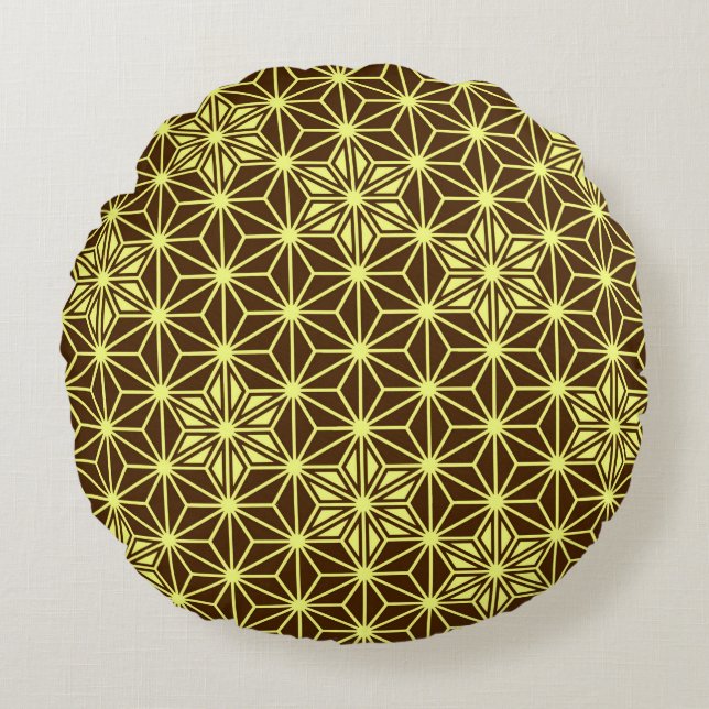 Japanese Asanoha pattern - brown and yellow Round Pillow (Front)