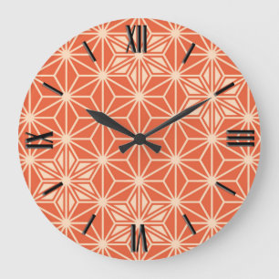 Japanese Asanoha pattern - coral orange Large Clock