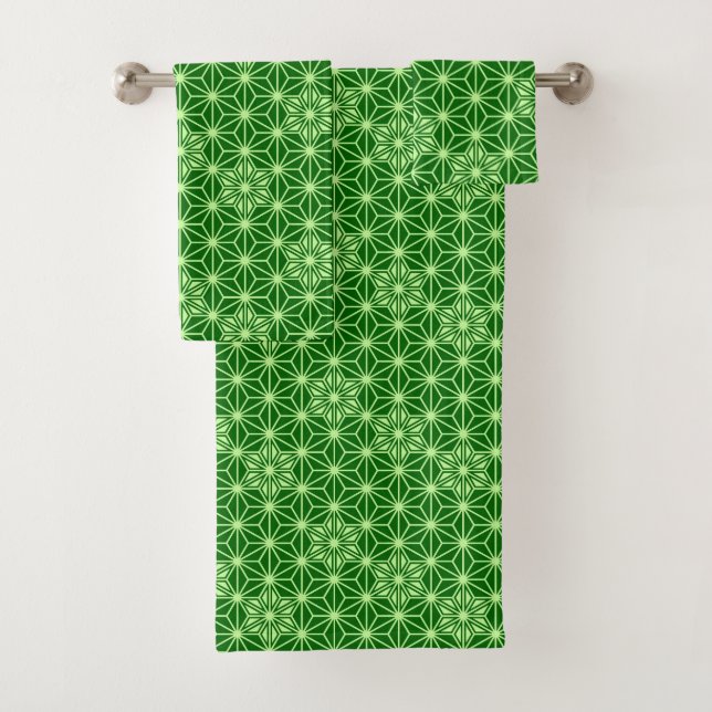 Japanese Asanoha Pattern, Emerald and Lime Green Bath Towel Set (Insitu)