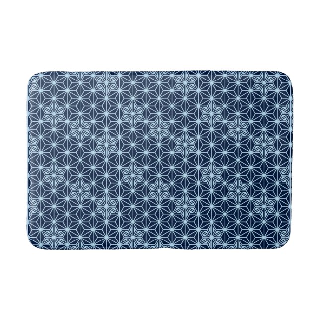 Japanese Asanoha Pattern, Indigo and Light Blue Bath Mat (Front)