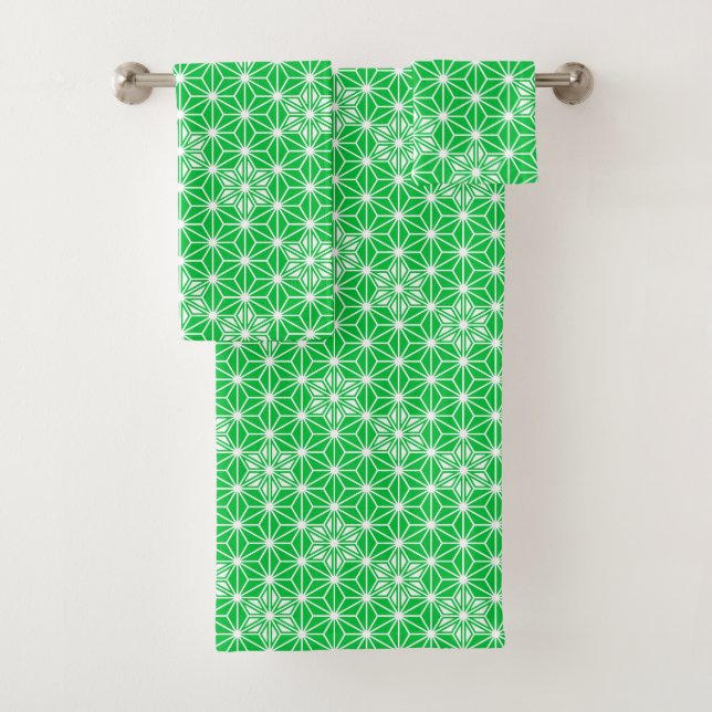 Japanese Asanoha Pattern, Jade Green Bath Towel Set (Insitu)