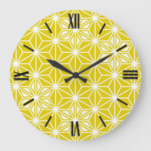 Japanese Asanoha pattern - mustard gold and white Large Clock