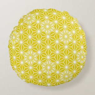 Japanese Asanoha pattern - mustard gold and white Round Pillow
