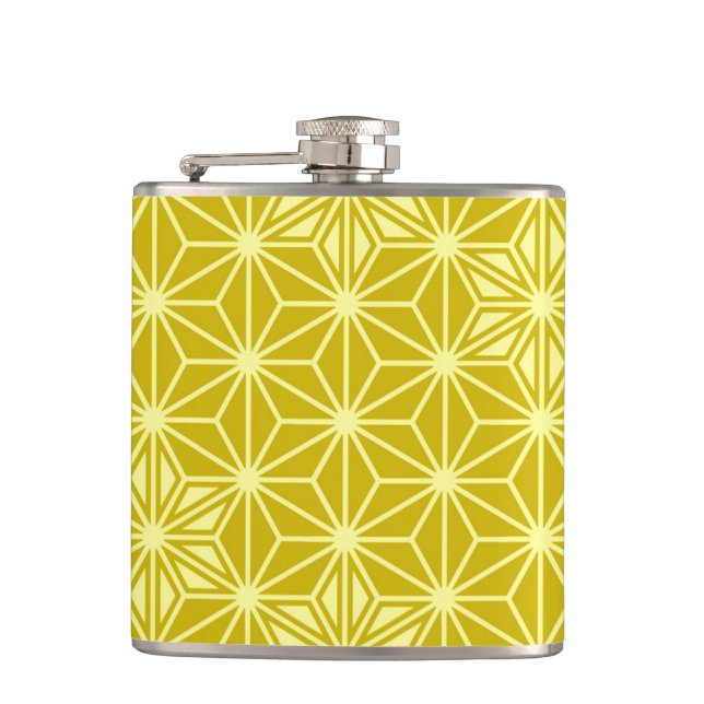 Japanese Asanoha pattern - mustard gold Hip Flask (Front)