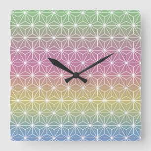 Japanese Asanoha Traditional Print Pastel Rainbow Square Wall Clock