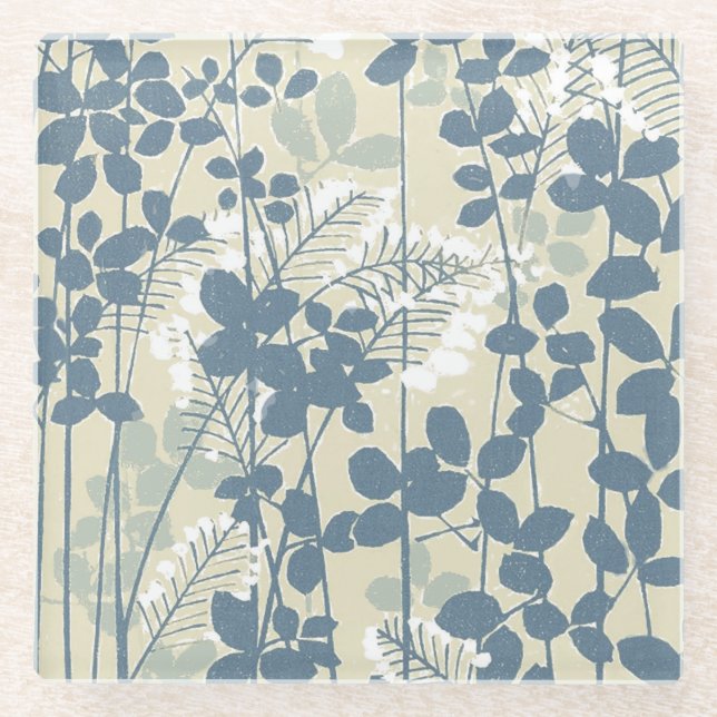 Japanese Asian Blue Leaf Flower Glass Coaster (Front)