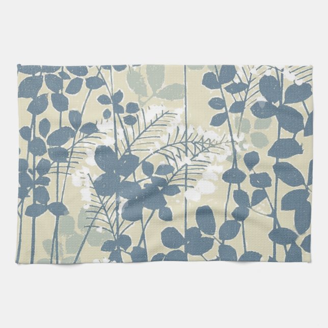 Japanese Asian Blue Leaf Flower Kitchen Towel (Horizontal)