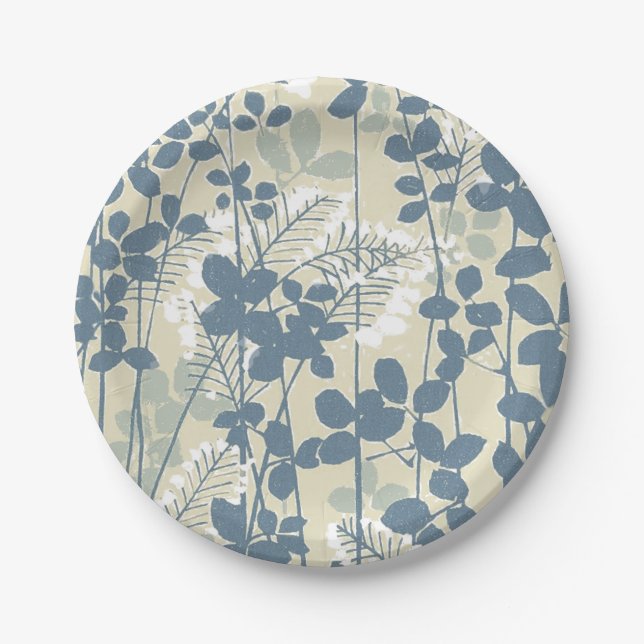 Japanese Asian Blue Leaf Flower Paper Plate (Front)