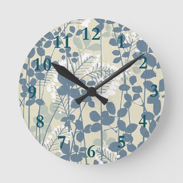 Japanese Asian Blue Leaf Flower Round Clock (Front)