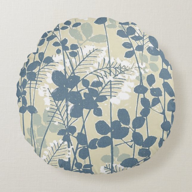 Japanese Asian Blue Leaf Flower Round Pillow (Front)