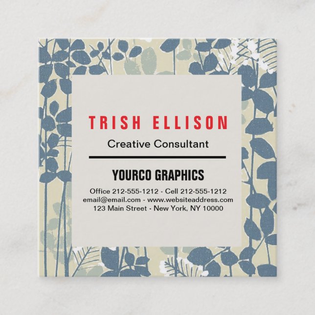 Japanese Asian Blue Leaf Flower Square Business Card (Front)