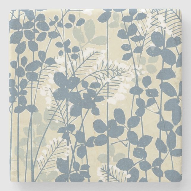 Japanese Asian Blue Leaf Flower Stone Coaster (Front)