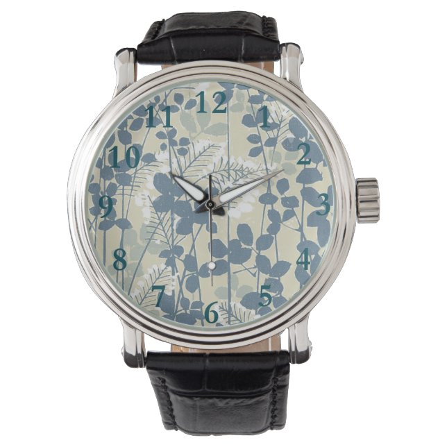 Japanese Asian Blue Leaf Flower Watch (Front)