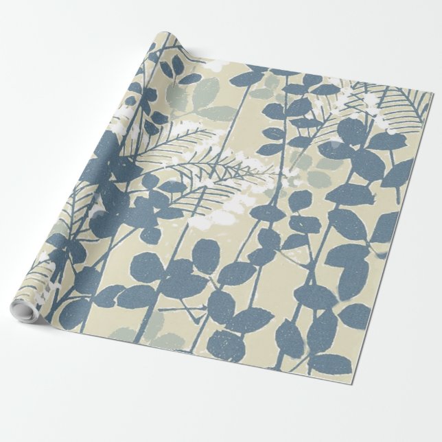 Japanese Asian Blue Leaf Flower Wrapping Paper (Unrolled)