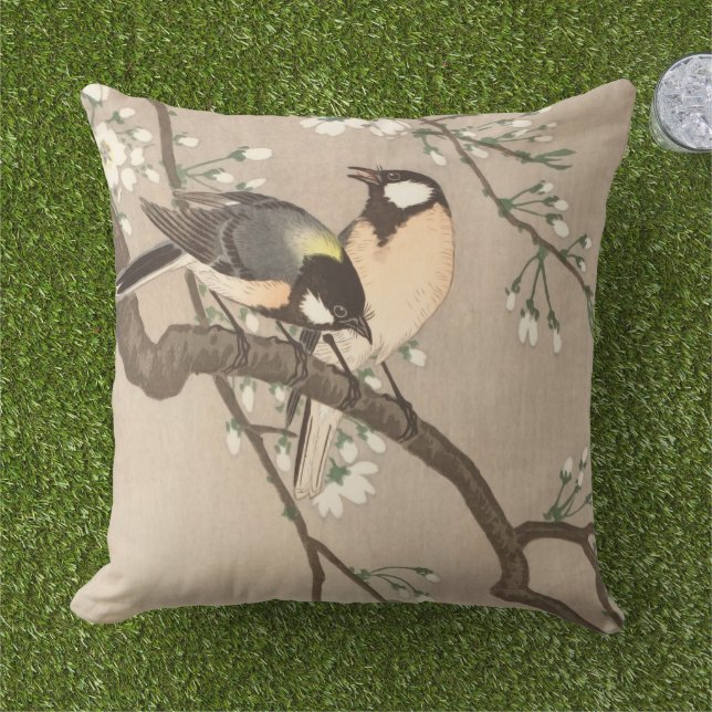 Japanese Asian Koson Bird Chickadee Songbird Outdoor Pillow (Grass)