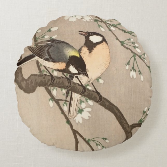 Japanese Asian Koson Bird Chickadee Songbird Round Pillow (Front)