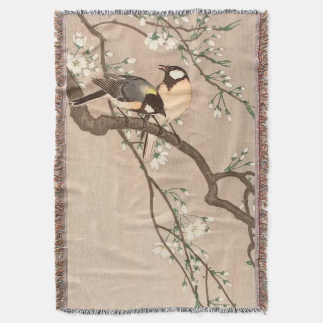 Japanese Asian Koson Bird Chickadee Songbird Throw Blanket (Front Vertical)