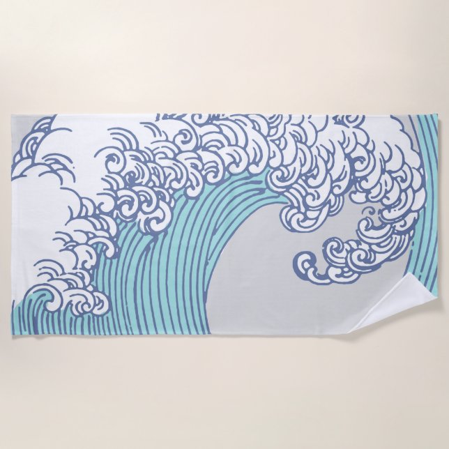Japanese Asian Surf Wave Art Ocean Art Beach Towel (Front)