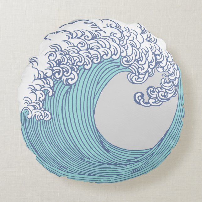 Japanese Asian Surf Wave Art Ocean Art Round Pillow (Front)