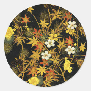 Japanese Autumn Leaves Antique Rich Classic Art Round Sticker