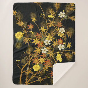 Japanese Autumn Leaves Antique Rich Classic Art Sherpa Blanket