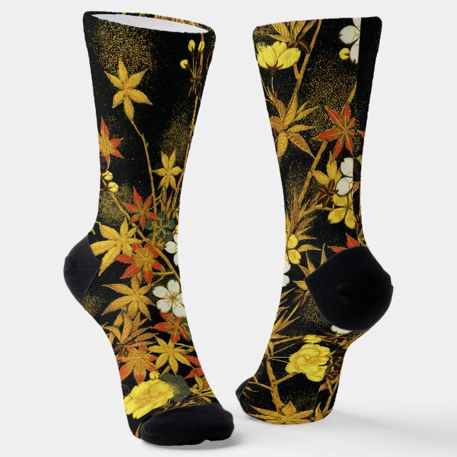 Japanese Autumn Leaves Antique Rich Classic Art Socks (Angled)