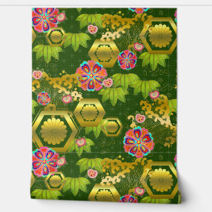 Japanese bamboo and mums on green wallpaper