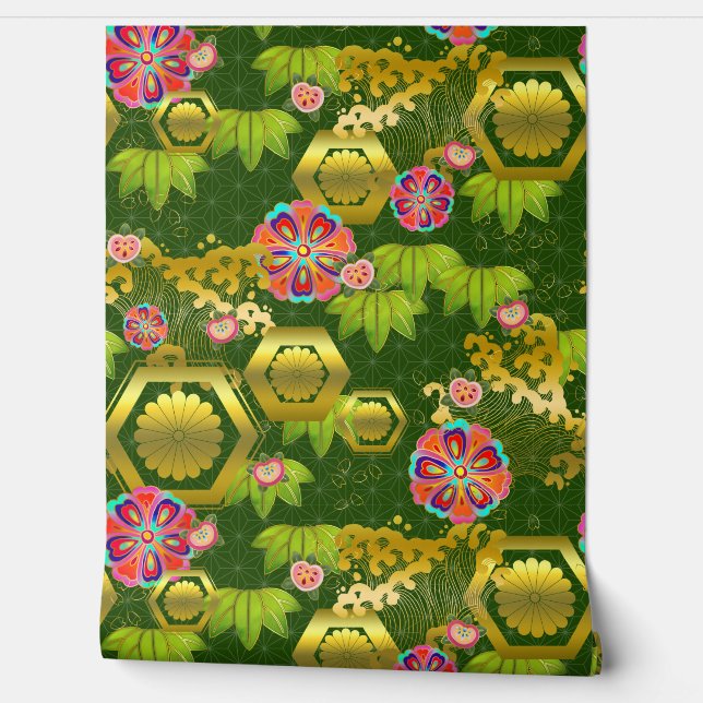 Japanese bamboo and mums on green wallpaper (Unrolling)