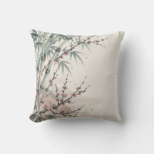 Japanese Bamboo Plum Blossom Ink Throw Pillow