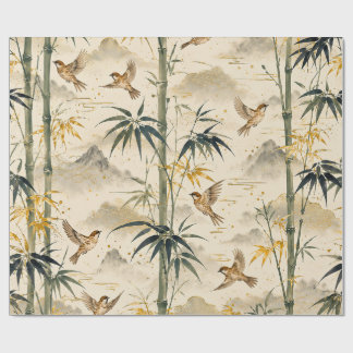 Japanese Bamboo & Sparrow Seamless Pattern – Botan Wrapping Paper