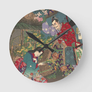 Japanese Beautiful Geisha Samurai Art Round Clock