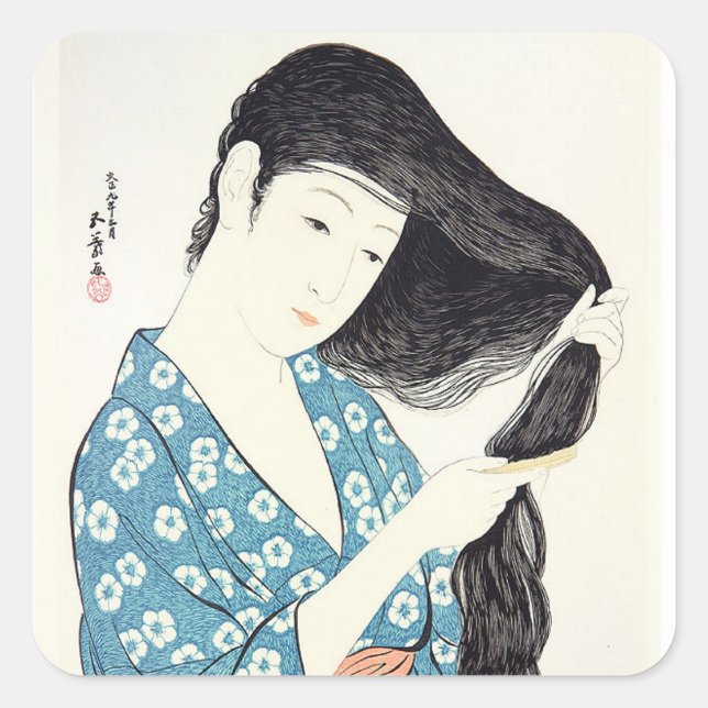 Japanese Beauty Combing Her Hair Square Sticker (Front)