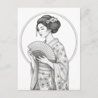 Japanese Beauty with Folding Fan Postcard