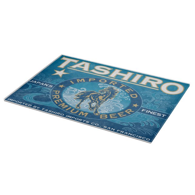 Japanese Beer Label Glass Blue Cutting Board (Corner)