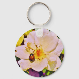 Japanese Beetle on White  Rose Keychain