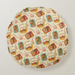 Japanese Bento Box & Bento Snack Pattern Round Pillow