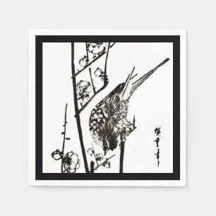 Japanese Bird on a Branch - Black and White Napkin