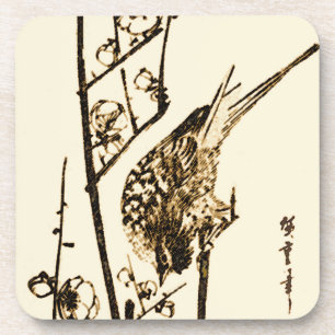 Japanese Bird on a Branch - Brown and Beige Coaster