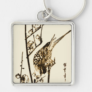 Japanese Bird on a Branch - Brown and Beige Keychain