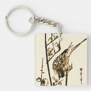 Japanese Bird on a Branch - Brown and Beige Keychain