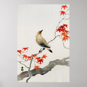Japanese Bird Wall Art Print  Red Maple Botanical