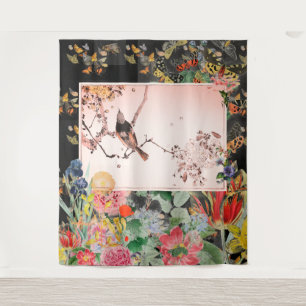 JAPANESE BIRD WITH FLOWERS ON BLACK Tapestry