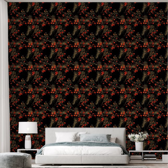 Japanese Birds and Blossoms on Black Wallpaper (Bedroom)