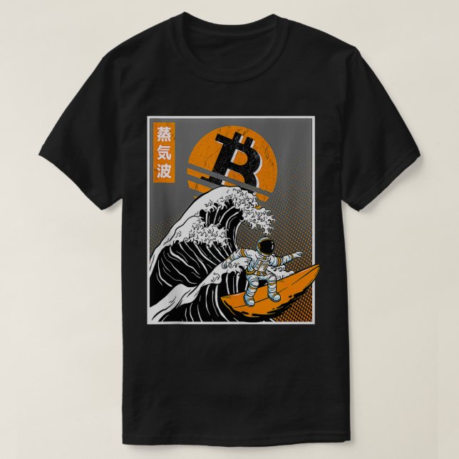Japanese Bitcoin Art Surfing Astronaut Wave Funny  T-Shirt (Design Front)