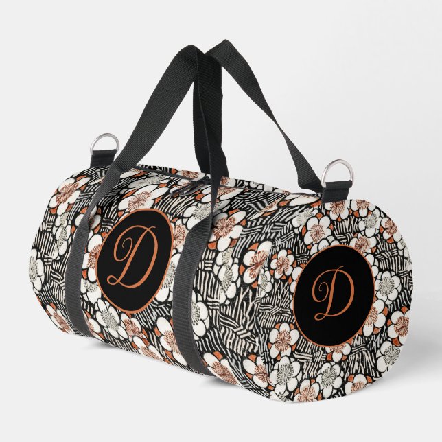 Japanese Black and Red Floral Pattern Personalized Duffle Bag (Left Corner)