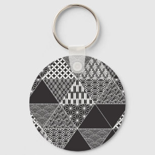 Japanese Black And White Collage Triangle Pattern Keychain